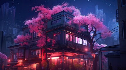 The Night Sky of Tokyo - An Anime Fantasy Landscape of Neon Lights, Sakura Trees, and Residential Buildings: Generative AI