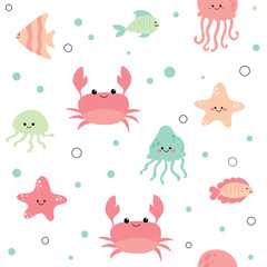Vector hand drawn colorful childish seamless repeat simple flat pattern with crab, fish, jellyfish and starfish on white background. Cute baby animals. Pattern for children with whales. Sea. Ocean.