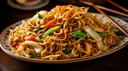 Chow Mein, Fried noodles with chicken and vegetables, generative ai