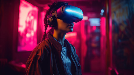 Obraz premium Cyberpunk woman with VR and portrait futuristic neon style, generative ai