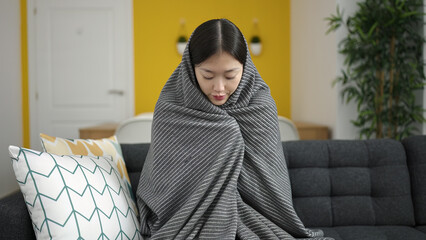 Young chinese woman covering with blanket for cold sitting on sofa at home © Krakenimages.com
