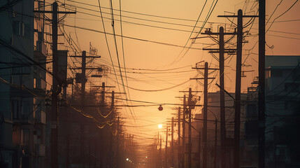 High power electricity poles in urban area connected to smart grid. Energy supply, distribution of energy, transmitting energy, energy transmission, generative ai