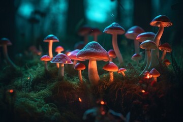 Vibrant mushrooms in lush green field lit up by colorful projections and potions. Generative AI