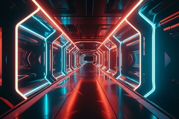 Futuristic neon spacecraft tunnel suitable for cyberpunk ads featuring advanced technology showroom & interior. Generative AI