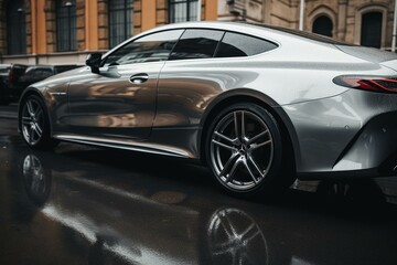 Side profile of a silver coupe car. Generative AI