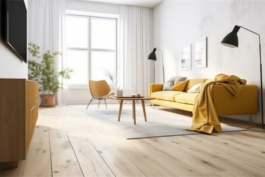 Modern Scandinavian living space featuring a white and yellow color palette, armchair, carpet, parquet flooring, and panoramic window. Generative AI