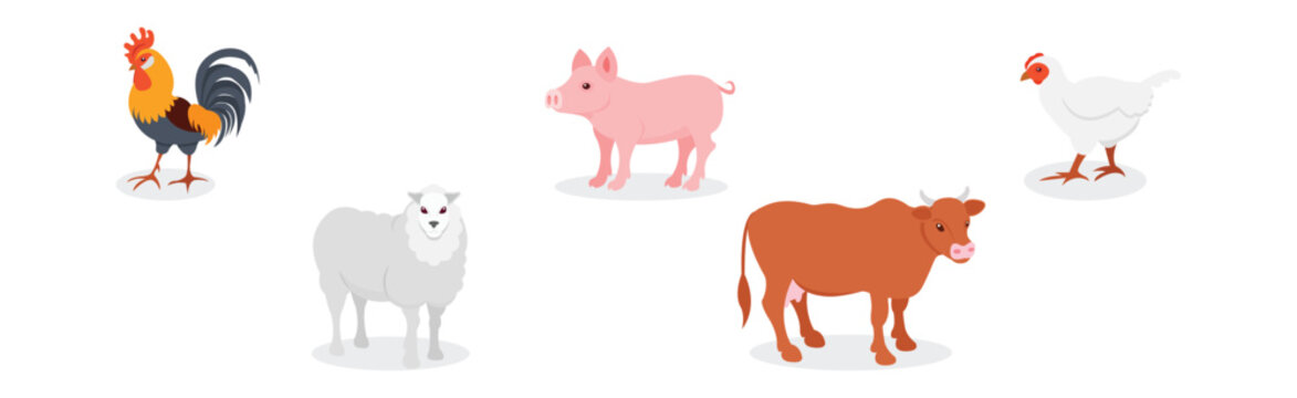 Farm Animal with Cow, Sheep and Poultry Vector Set