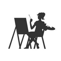Beautiful young woman draws behind an easel. Black and white silhouette. Art brush in hand. Concept of a useful creative activity, hobby. Vector isolated cartoon illustration