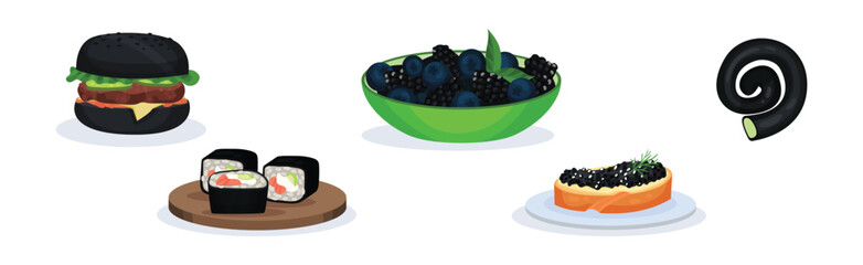 Black Food with Hamburger, Berry Bowl, Sushi and Candy Vector Set