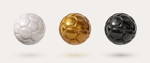 Colorful soccer balls collection. White, golden, black glossy football balls isolated design elements on white background. Vector 3d design elements. Luxury sport icons. © Oleg