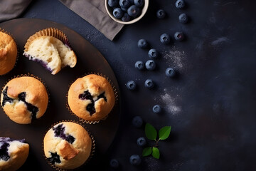 Blueberry muffins with fresh blueberries on a table, close up, dark background. Top view. Copy space. A delicious dessert or breakfast. AI generated.