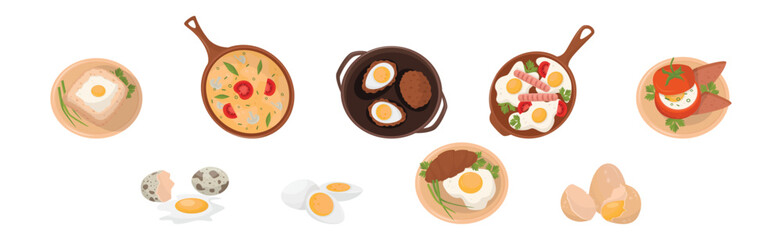 Tasty Egg Dish as Fresh and Healthy Morning Protein Meal Vector Set