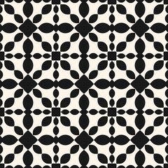 Vector seamless pattern. Simple monochrome floral ornament with curved shapes, grid, lattice, flower silhouettes, repeat tiles. Elegant black and white ornamental background. Repetitive geo design