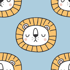 Cute lion seamless pattern. Cartoon hand drawn vector print for kids.