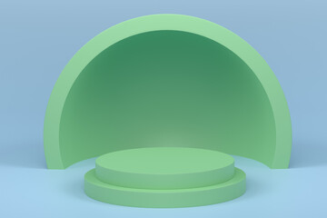 Pastel green cylinder podium with steps on blue background