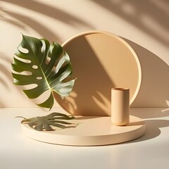 Minimalistic Wooden Tray Podium for Luxury Beauty Products: Organic, Sustainable, and Stylish Presentation on a Sunlit White Table with Leaf Shadow on Beige Wall Background