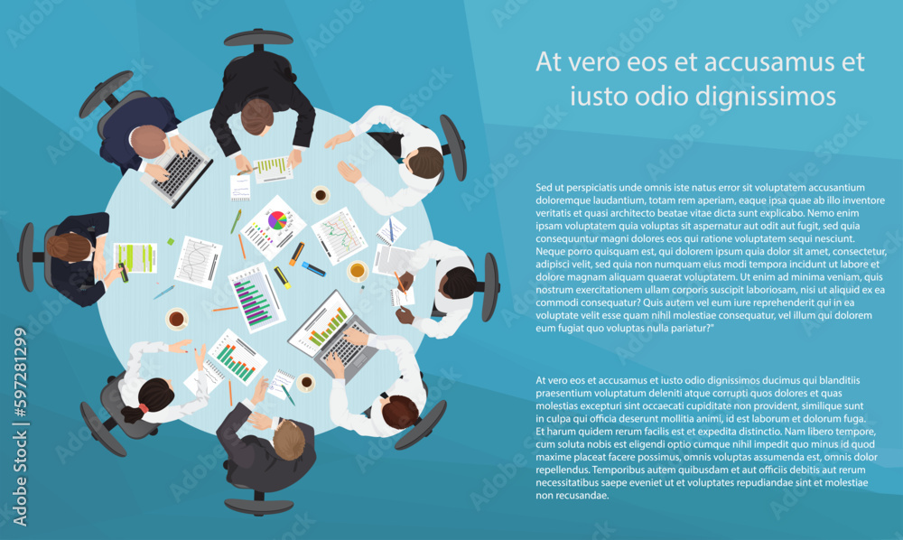 Poster Business management teamwork meeting and brainstorming concept. Round table in top point of view
