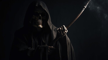 Fototapeta na wymiar Grim reaper reaching towards the camera over dark background, generative ai