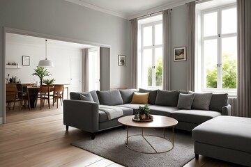 a living room with a gray sofa, a painting on the wall, a carpet on the floor, and a coffee table in front of the sofa.Generated by AI