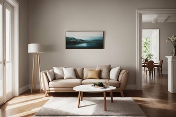 a living room with a light sofa, a painting on the wall, a carpet on the floor, and a coffee table in front of the sofa.Generated by AI