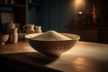 Sand-filled bowl on a table beside a dust-filled spotlight. Generative AI