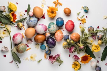 Fototapeta na wymiar A white background with colorful Easter eggs and flowers arranged in a flat lay composition. Generative AI