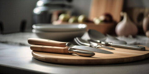 kitchen utensils and spoon cheese knife wooden board stacked together