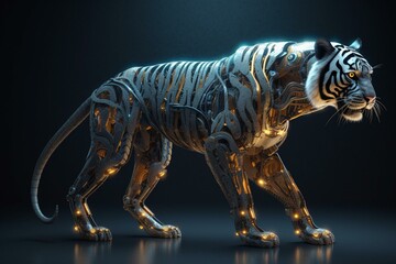 A 3D illustration of a futuristic tiger with biomechanical features. Rendered with neural network technology. Generative AI