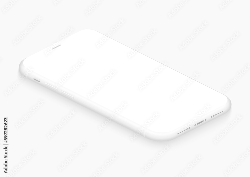 Poster totally soft isometric white vector smartphone. 3d realistic empty screen phone template for inserti