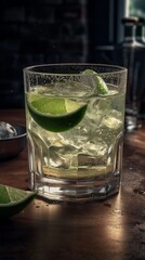 Fototapeta premium Margarita with Salt Rim and Lime Wedge. Generative AI.