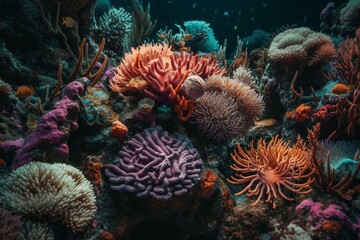 Colorful art depicting vibrant coral reef sea life, ideal for nature lovers and those who love joyful holidays. Generative AI