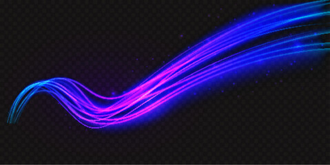 Luminous neon shape wave, abstract light effect vector illustration. Wavy glowing purple neon blue bright flowing curve lines, magic glow energy motion particle isolated transparent black background.