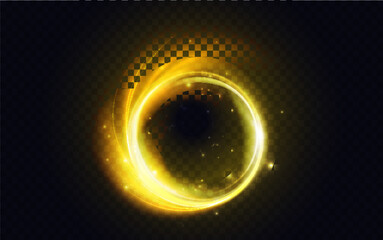 Golden yellow flare circle, glowing light effect vector illustration. Glow energy shape, abstract magic luminous swirls, fantasy round portal and glitter particle sparkles dark transparent background