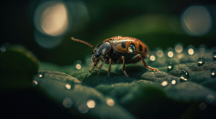 Macro Photograph of a Tiny Beetle Perched on a Leaf, PNG Image.