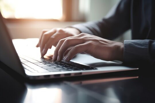 Man hands typing on laptop computer keyboard and surfing the internet on office table, online working, business and technology, internet network communication concept, close up. Generative AI