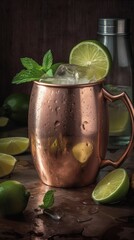 Moscow Mule with Lime Wedge and Mint Sprig. Generative AI.