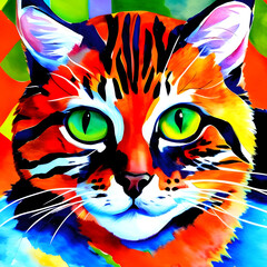  Painting of a cat with green eyes and a colorful background. Generative Ai
