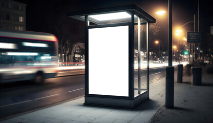 Blank white light box on roadside in night in city, Blank Advertisment billboard on road, Outdoor Verticle billboard mockup on road, Digital Billboard mockup for marketing poster on Bus Stop