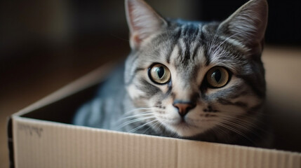 Cute grey tabby cat in cardboard box on floor at home, Generative Ai