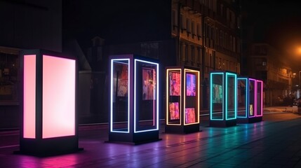 illustration, exhibition stand on the streets at night with neon light, ai generative