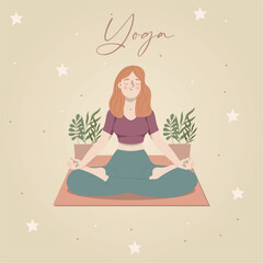Cute girl character doing yoga concept template Vector