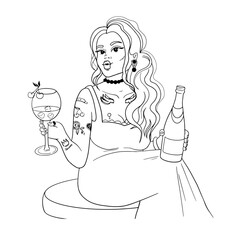 Young woman with tattoo, alcohol drink and glass with drink and cherry. Pretty girl with bottle and glass with drink outline vector illustration.