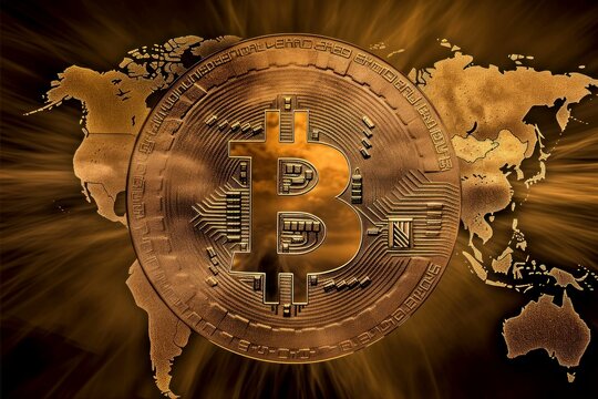 Aworld map with the digital currency Bitcoin placed on top, depicted in a stylized dark gold and light beige color scheme. Generative AI