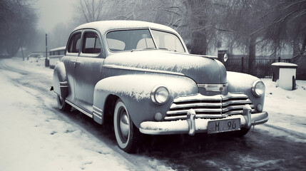 Obraz na płótnie Canvas Snow-coverd retro car. Vitage effect, Generative Ai
