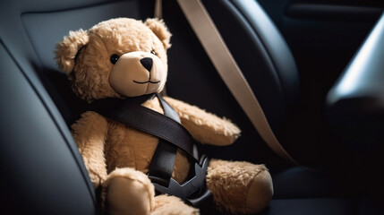 Teddy bear strapped in with seat belt in back seat of car, Generative Ai