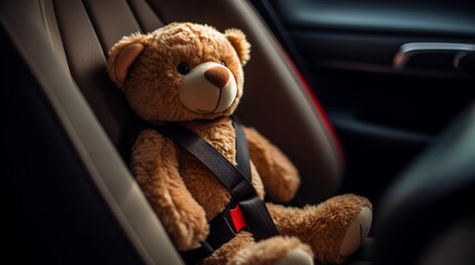 Teddy bear strapped in with seat belt in back seat of car, Generative Ai