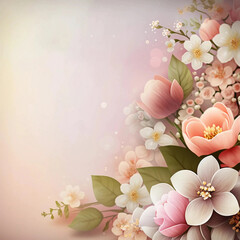 Mother’s Day greeting background . Spring beautiful cozy flowers on pastel background.