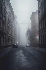 illustration, dark and empty street with smoke, ai generative.