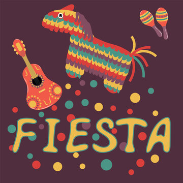 Poster with pinata, maracas, guitar
