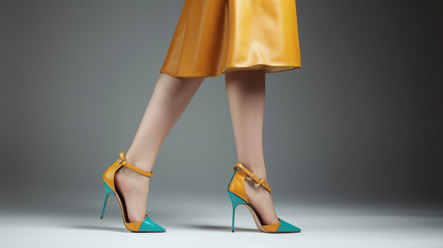 Beautiful female legs wearing summer shoes in brown yellow designers dress and blue mint woman clutch, generative ai